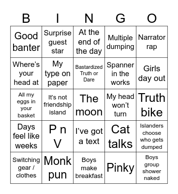 Australian Love Island Bingo Card