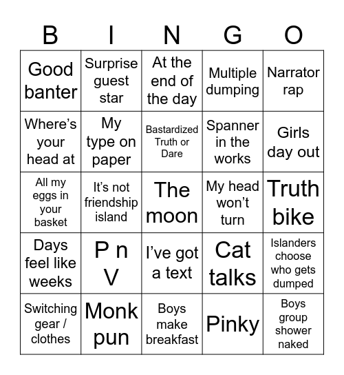 Australian Love Island Bingo Card
