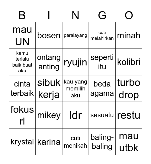 Mikey Lunch Bingo Card