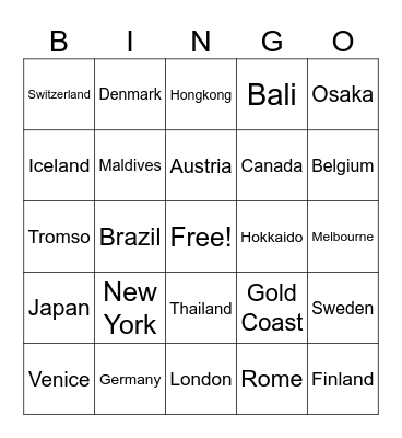 Countries Bingo Card