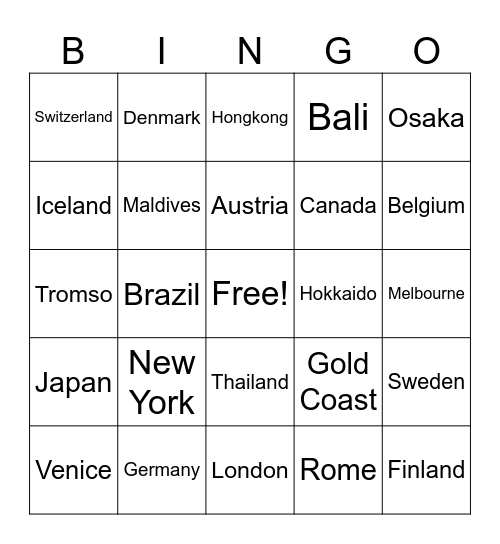 Countries Bingo Card