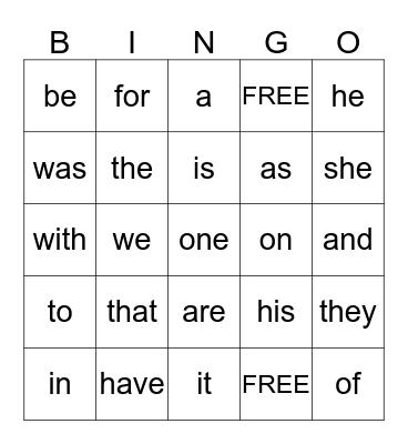 Sight Words Bingo Card
