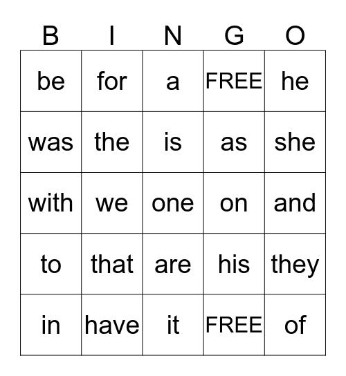 Sight Words Bingo Card
