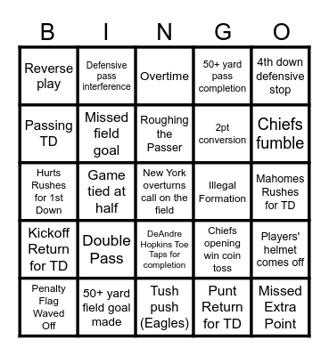Super Bowl LIX Bingo Card