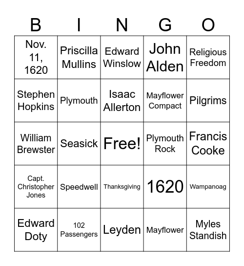 Mayflower Bingo 1 Bingo Card