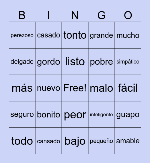 Adjective Opposites Bingo Card