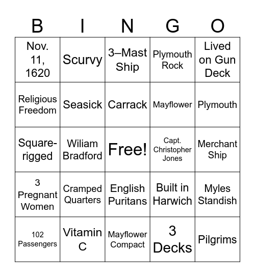 Mayflower Bingo 3 Bingo Card
