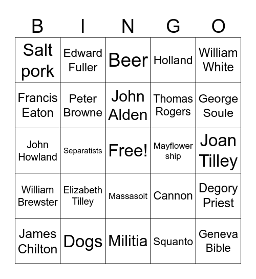 Mayflower Bingo 4 Bingo Card