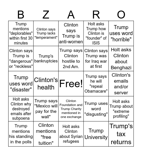 BIZARRO Bingo Card