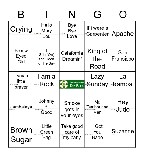 De Birk Muziek Bingo Card