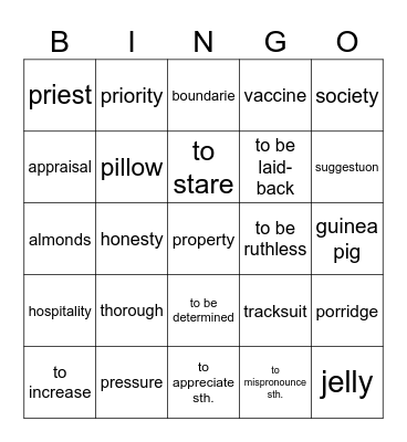 Vocabulary revision Bingo Card