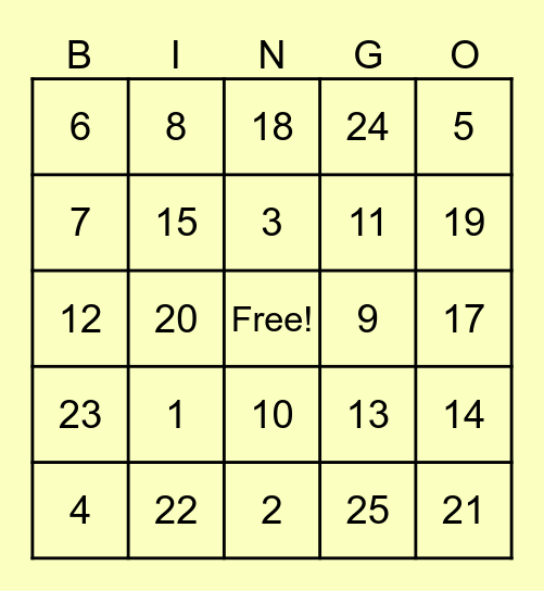 BINGO 1-25 Bingo Card
