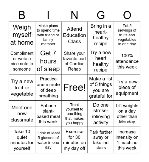 Cardiac Rehab Week Bingo Card