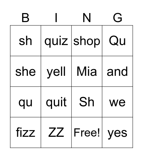 Spelling Bingo Card