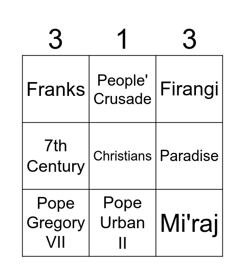 Crusades Bingo Card