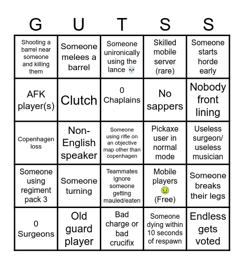 Guts & Blackpowder Bingo for mobile servers Bingo Card