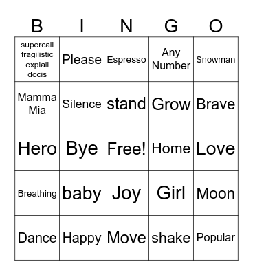 Music Word Bingo Card