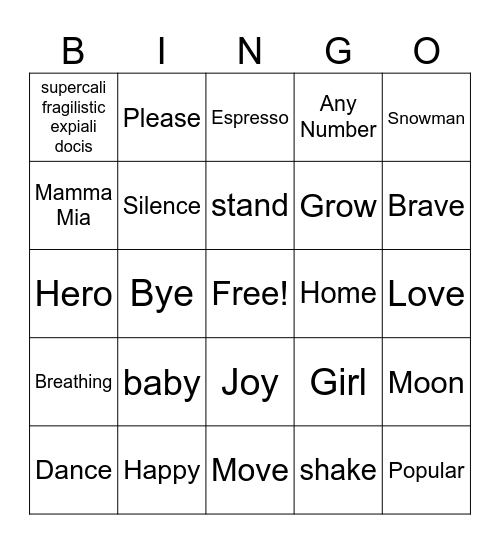 Music Word Bingo Card