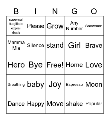 Music Word Bingo Card