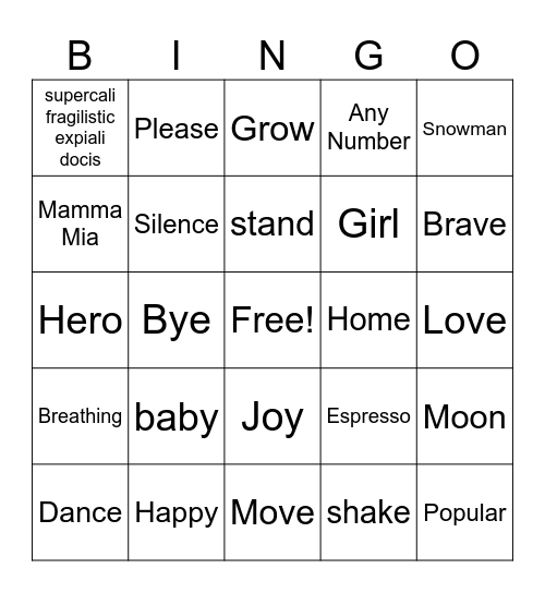 Music Word Bingo Card