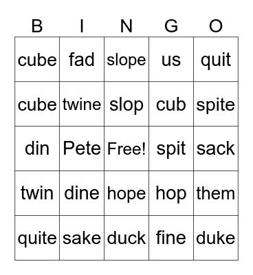 Short Vowels and VCe Vowels Bingo Card