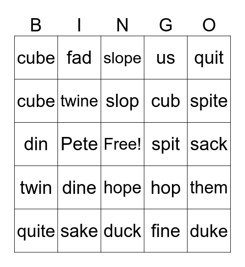 Short Vowels and VCe Vowels Bingo Card