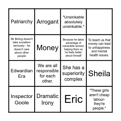 AN INSPECTOR CALLS BINGO Card