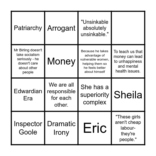 AN INSPECTOR CALLS BINGO Card
