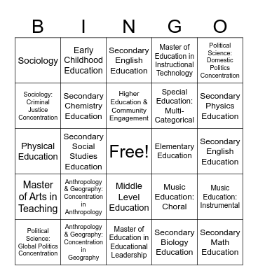 Spadoni College of Education and Social Sciences Majors Bingo Card