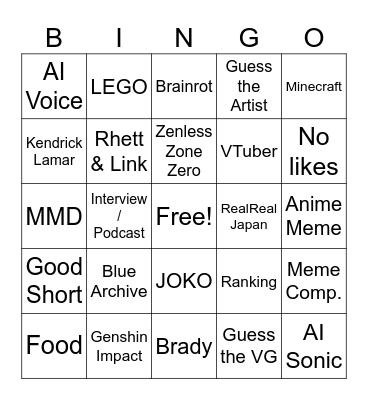 YT Shorts Bingo Card