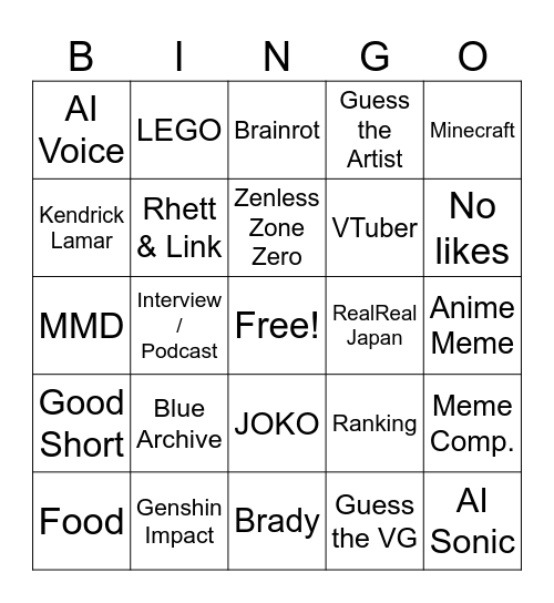 YT Shorts Bingo Card