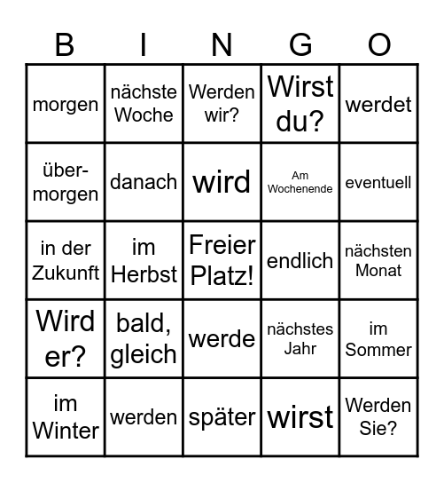 Werden + Vokabeln mit Futur Bingo Card