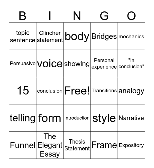 The Elegant Essay Bingo Card
