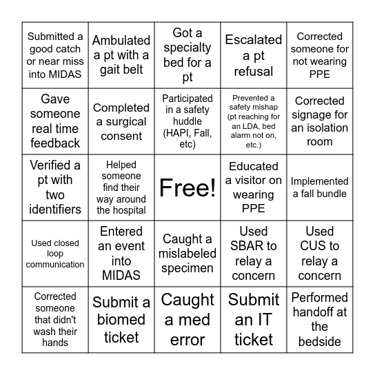 Quality & Safety Bingo! Bingo Card