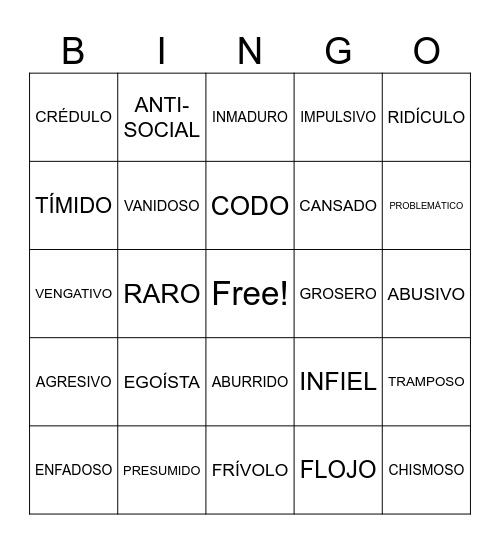 PERSONALIDAD Bingo Card