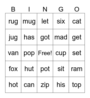 CVC words Bingo Card