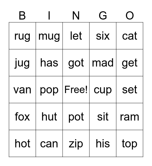 CVC words Bingo Card