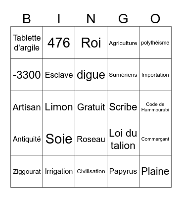 Révision les premières civilisations Bingo Card