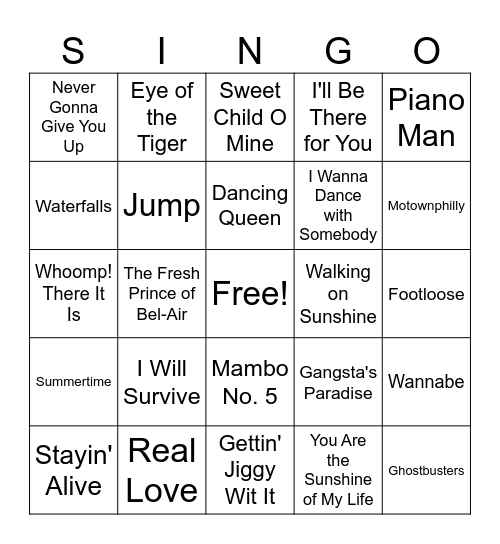 SINGO! Bingo Card