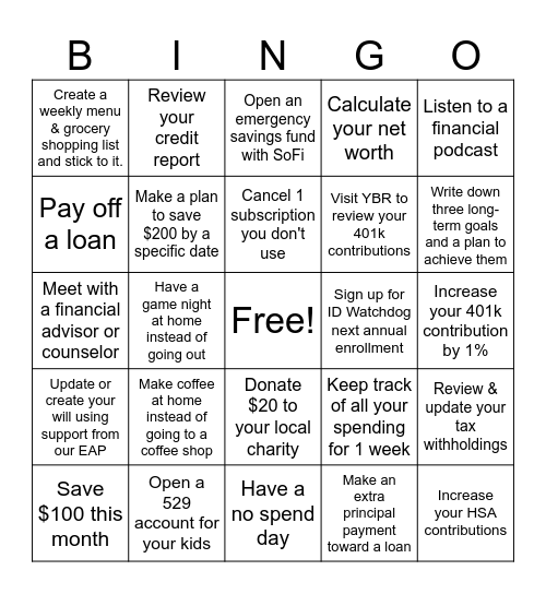 Financial Wellness Bingo Card