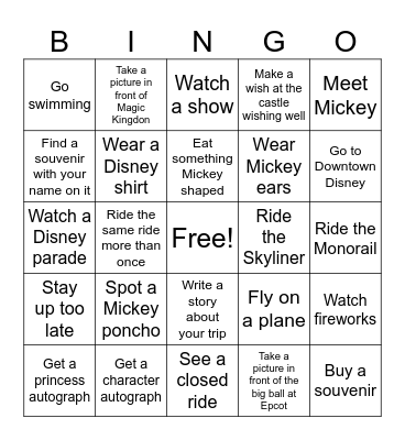 Lily's Disney Trip Bingo Card