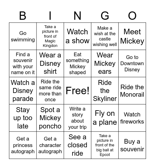 Lily's Disney Trip Bingo Card