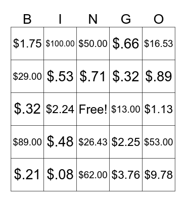 Money Bingo Card