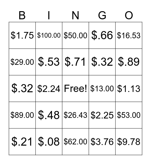 Money Bingo Card