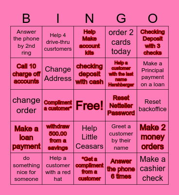 Bankers Bingo Card