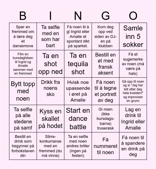 Amalie og Ingrids Bursdagsbingo 🩷 Bingo Card