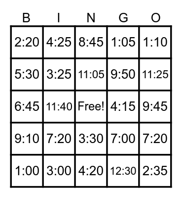 Telling Time  Bingo Card