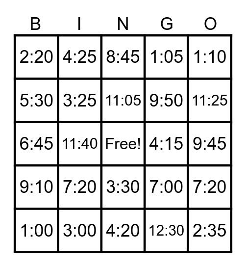 Telling Time  Bingo Card