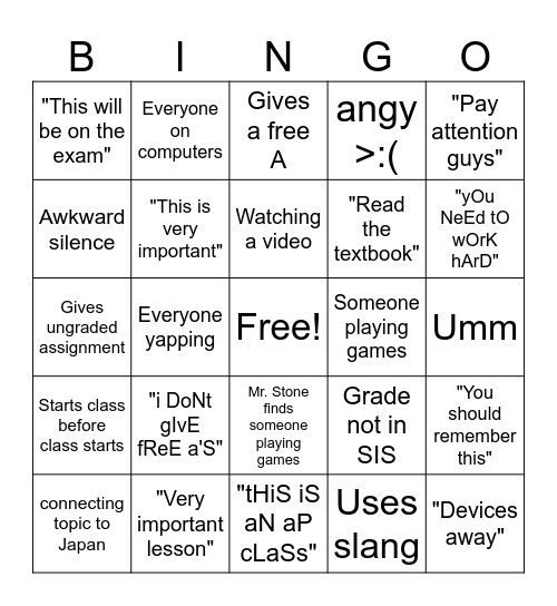 Mr. Stone APHUG Bingo Card