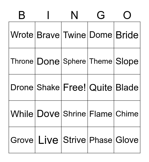 VCe Bingo Card